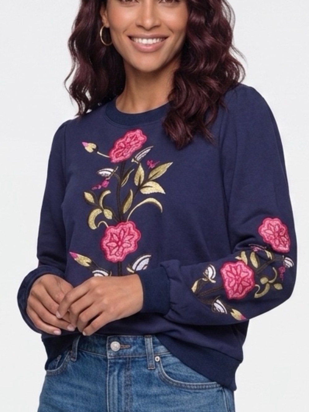 NWT Jodifl Navy Floral Embroidered Cotton Blend Sweatshirt